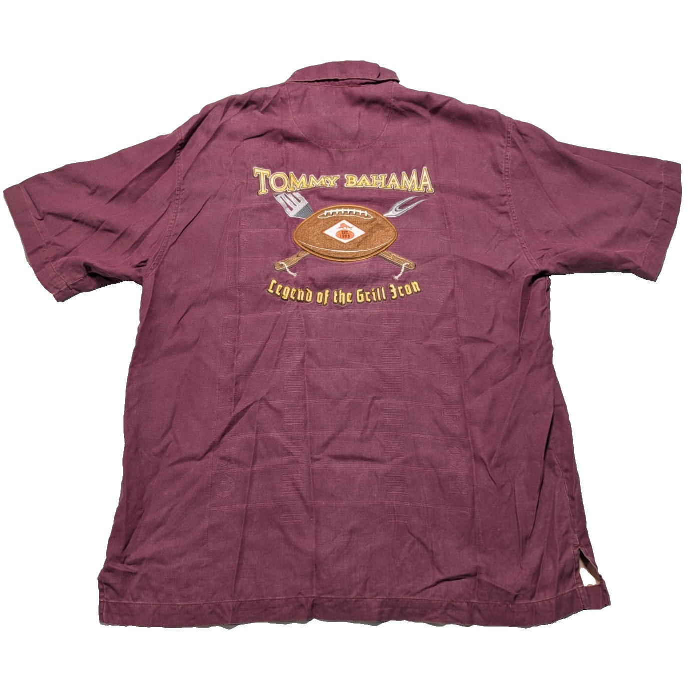 Tommy Bahama Legend Of The Grill Iron Embroidered Men Large Burgundy Silk Shirt